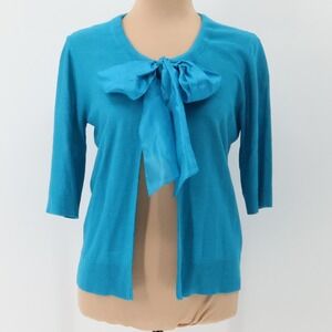 DKNY Silk Bow‎ Cardigan Sweater Womens Coquette Twee Preppy Office Turquoise P/S